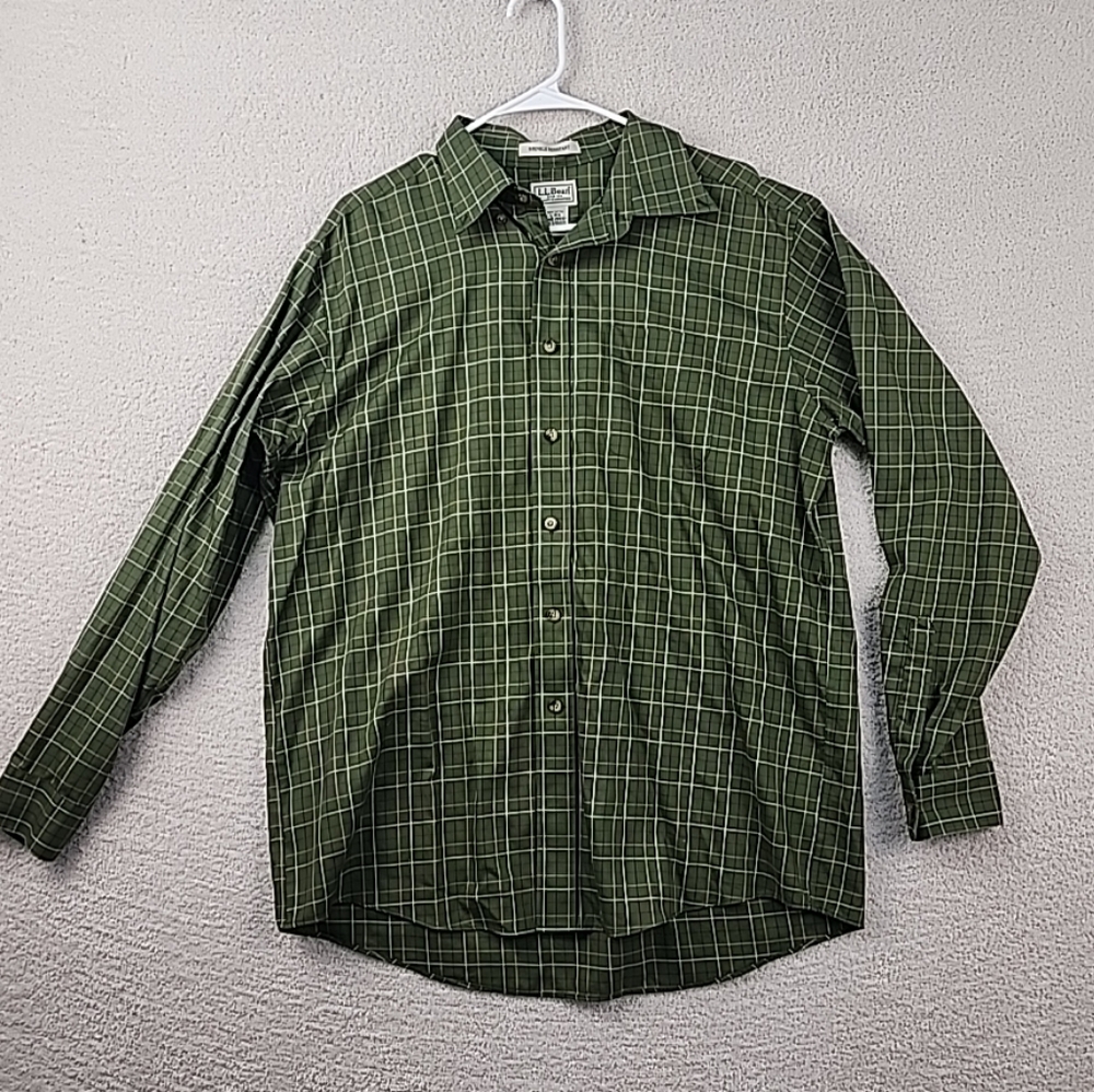L.L. Bean Men's Green Plaid Wrinkle-Resistant Long Sleeve Button-Down Shirt L
